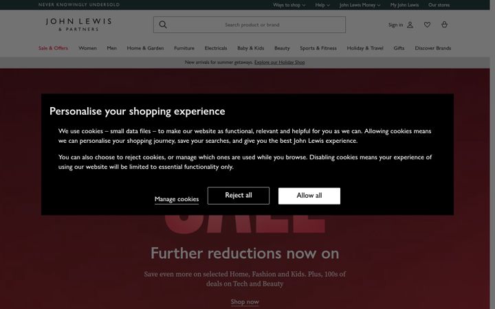 Captură de ecran a johnlewis.com