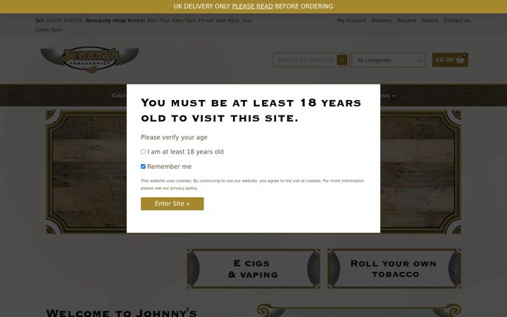 Screenshot of johnnystobacconist.co.uk
