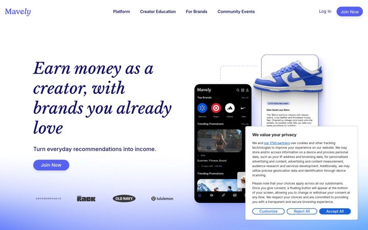 Screenshot of joinmavely.com