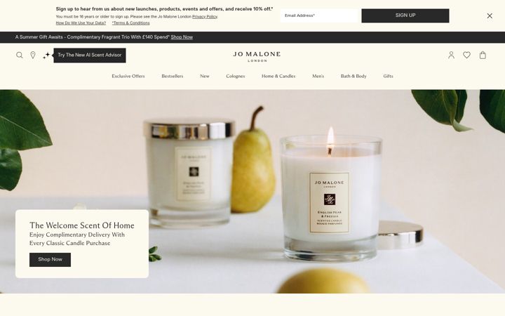 Kuvakaappaus sivustosta jomalone.co.uk