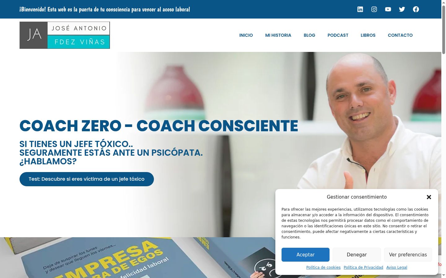 Captura de ecrã do banner de consentimento apresentado antes de qualquer interação