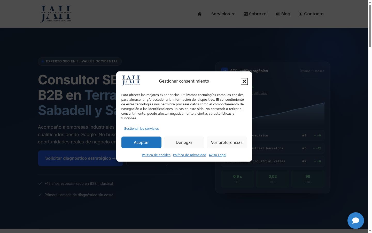 Captura de ecrã do banner de consentimento apresentado antes de qualquer interação