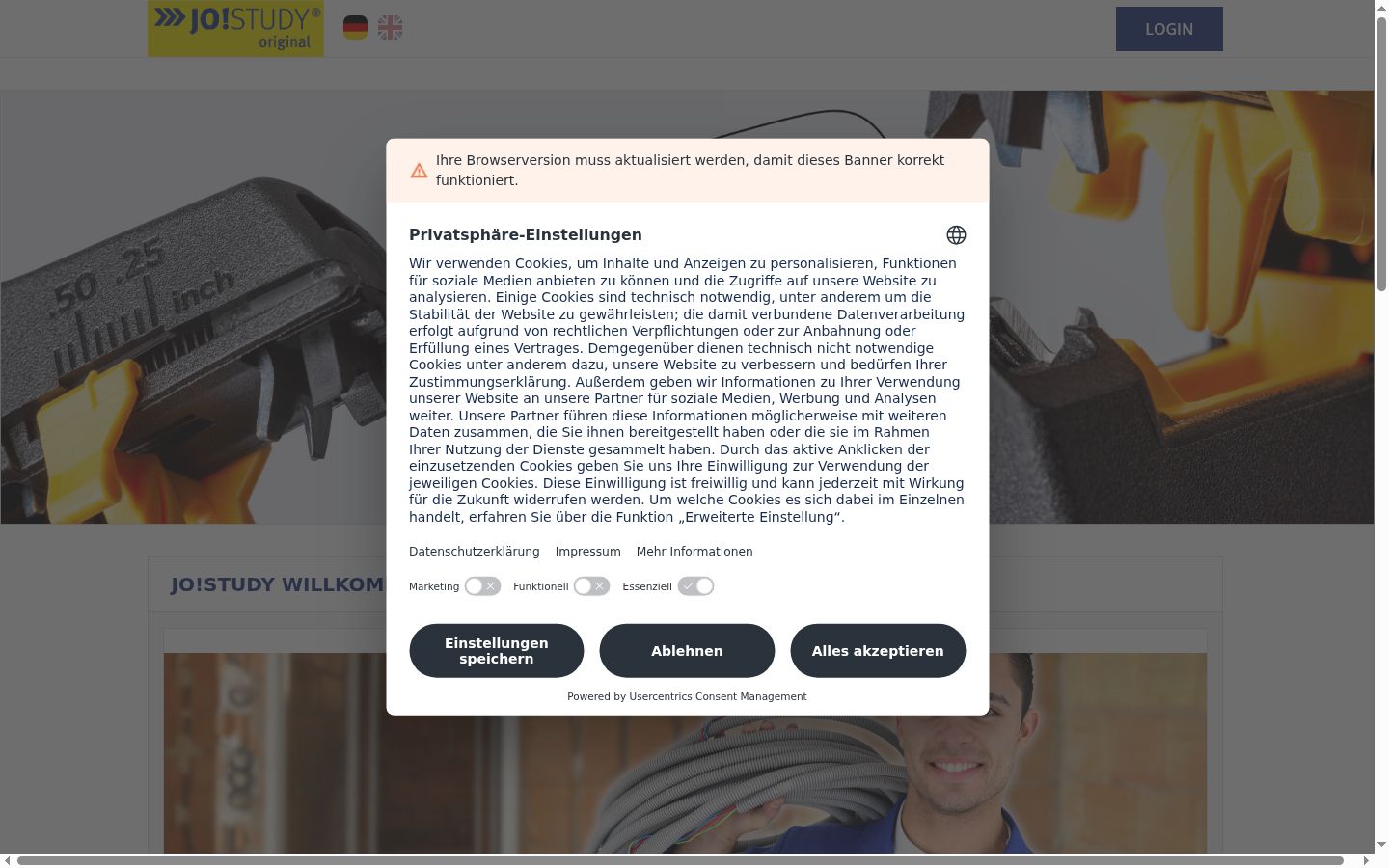 Screenshot des Einwilligungsbanners vor jeglicher Interaktion