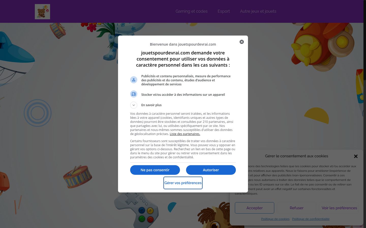 Captura de pantalla del banner de consentimiento mostrado antes de cualquier interacción