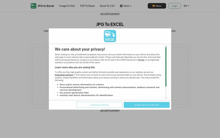 Screenshot of jpgtoexcel.com