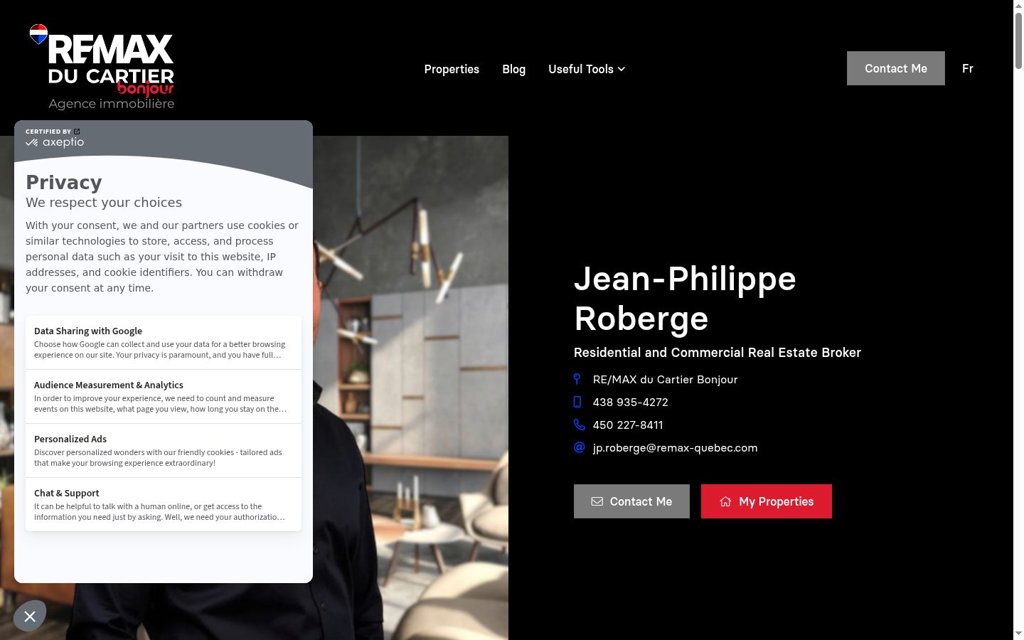Capture d'écran de la bannière de consentement affichée avant toute interaction