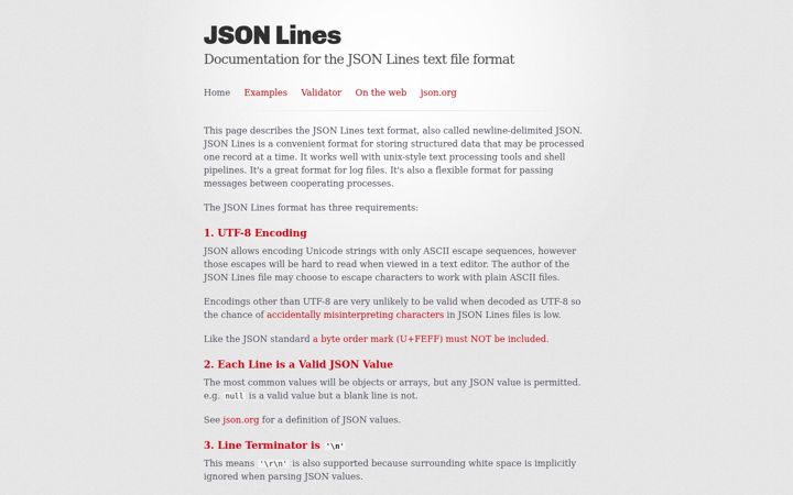 Screenshot stránky jsonlines.org