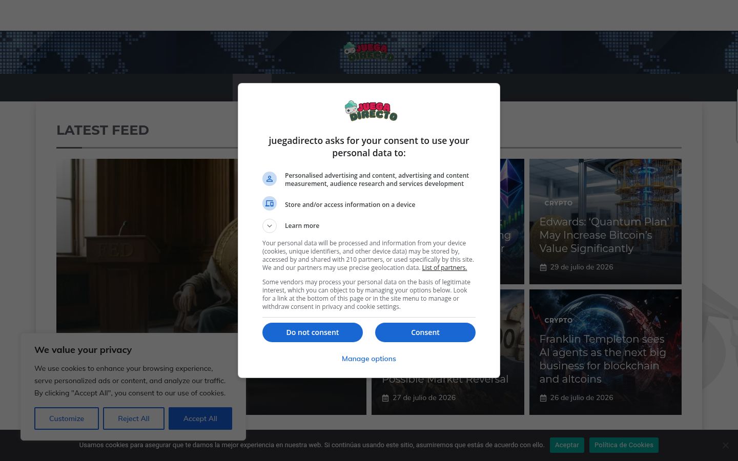 Sutikimo reklamjuostės, rodytos prieš bet kokią sąveiką, ekrano kopija
