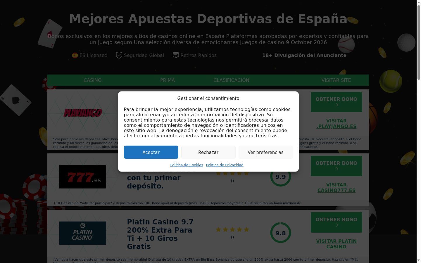 Captura de ecrã do banner de consentimento apresentado antes de qualquer interação