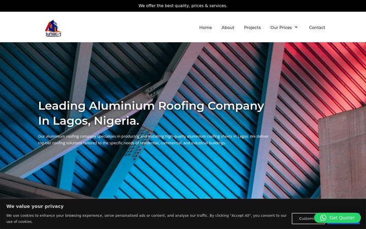 Screenshot of jumacaluminiumroofing.com