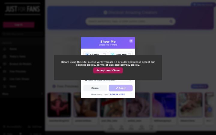 Screenshot of justfor.fans