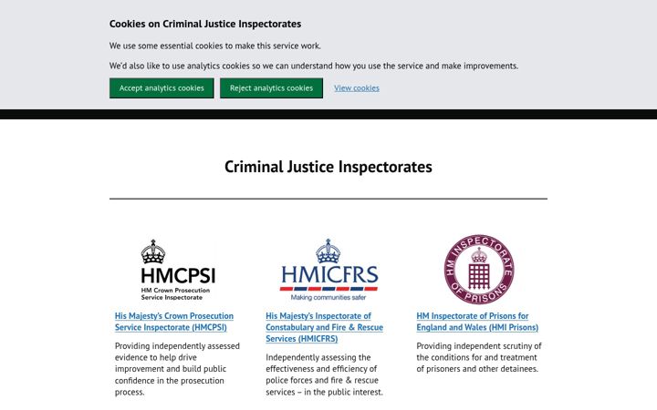 Screenshot of justiceinspectorates.gov.uk