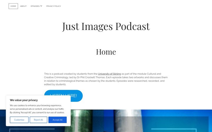 Screenshot of justimagespodcast.stir.ac.uk