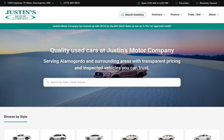 Screenshot of justinsmotorcompany.com