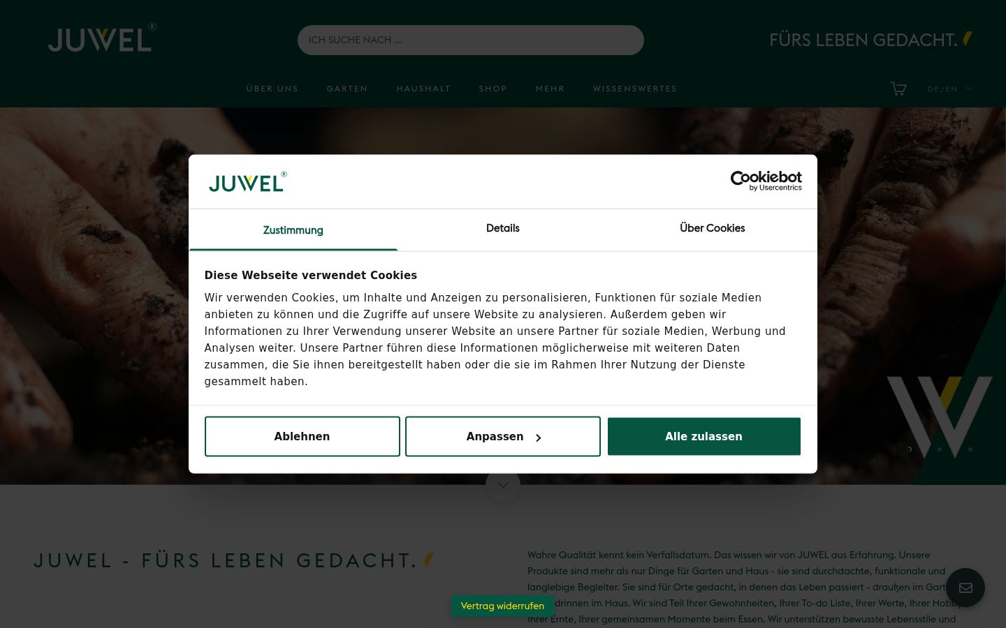 Screenshot des Einwilligungsbanners vor jeglicher Interaktion