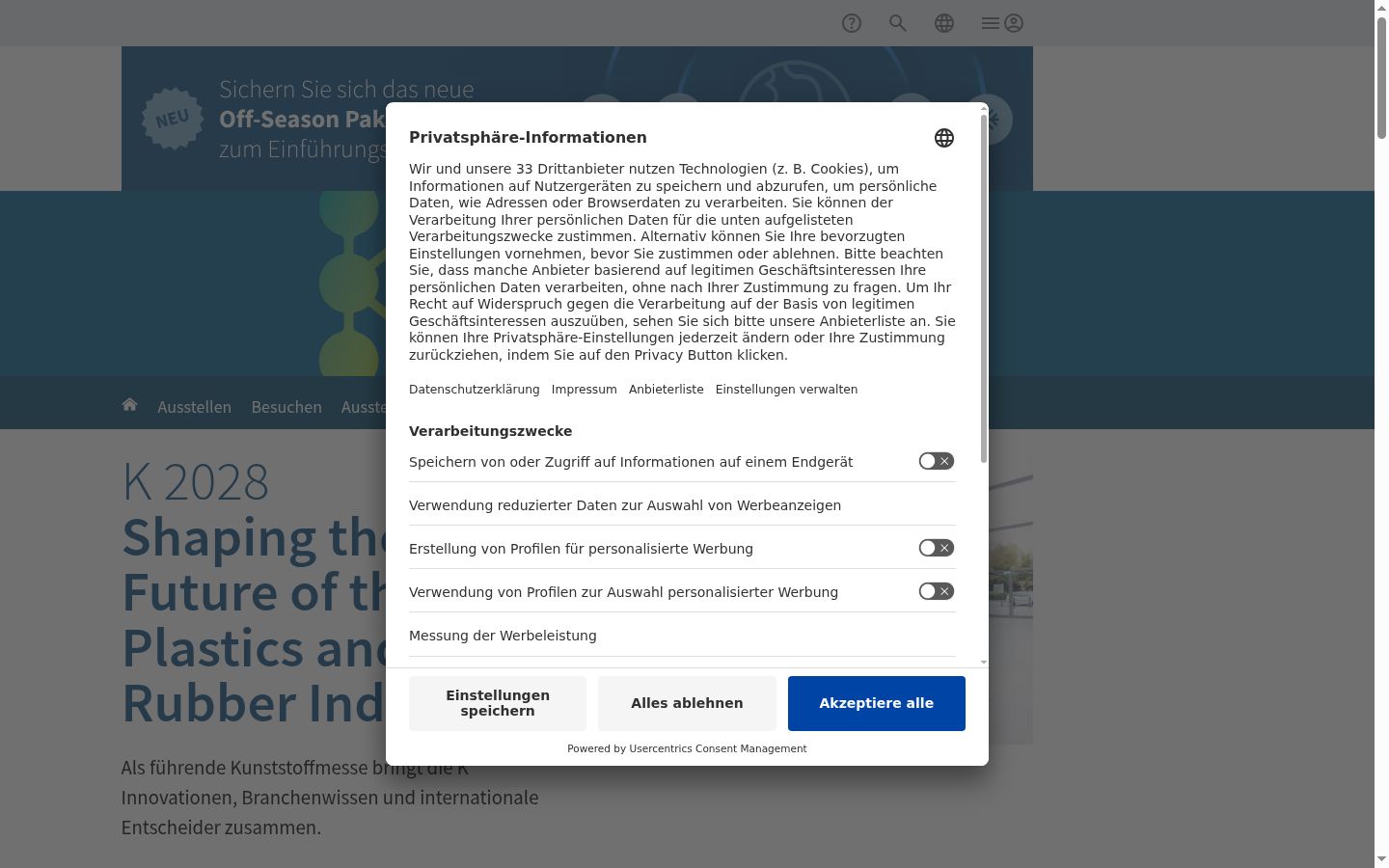 Screenshot des Einwilligungsbanners vor jeglicher Interaktion