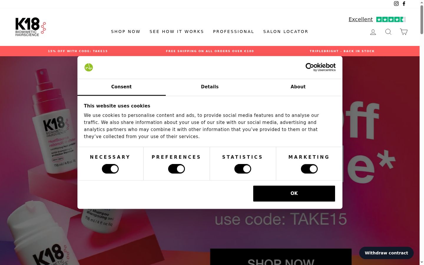 Capture d'écran de la bannière de consentement affichée avant toute interaction