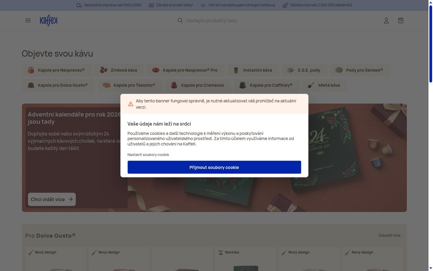 Captura de ecrã do banner de consentimento apresentado antes de qualquer interação