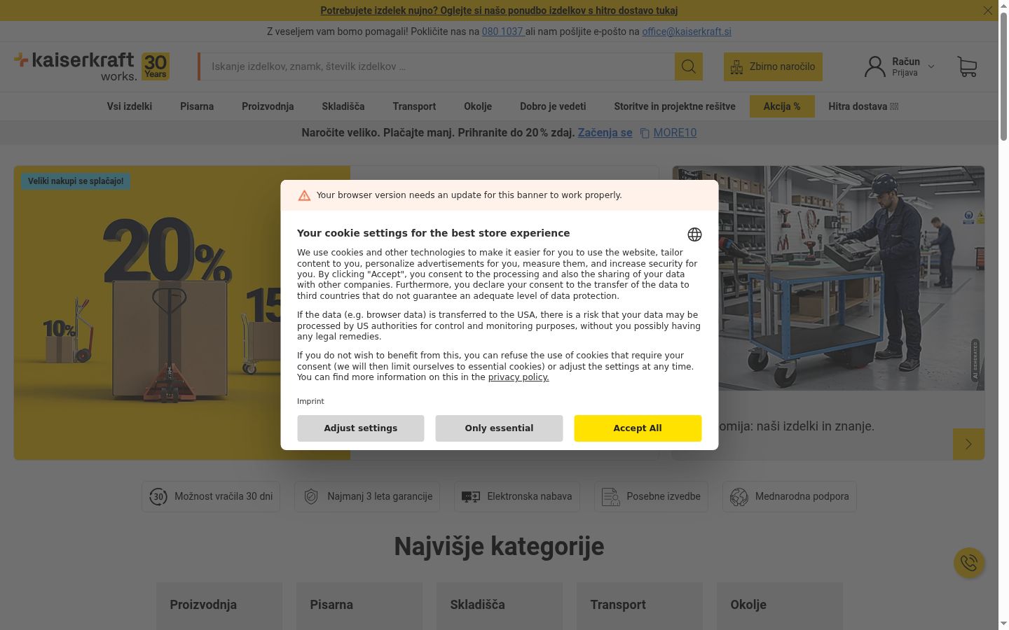 Ekrānuzņēmums ar piekrišanas baneri, kas tika rādīts pirms jebkādas mijiedarbības