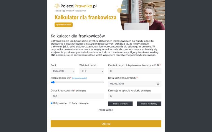 Snímek obrazovky kalkulatordlafrankowicza.pl
