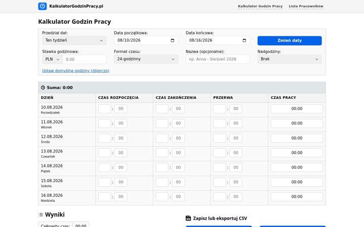 Screenshot of kalkulatorgodzinpracy.pl