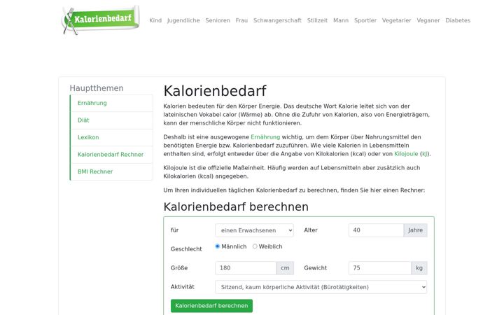 Screenshot of kalorienbedarf.de