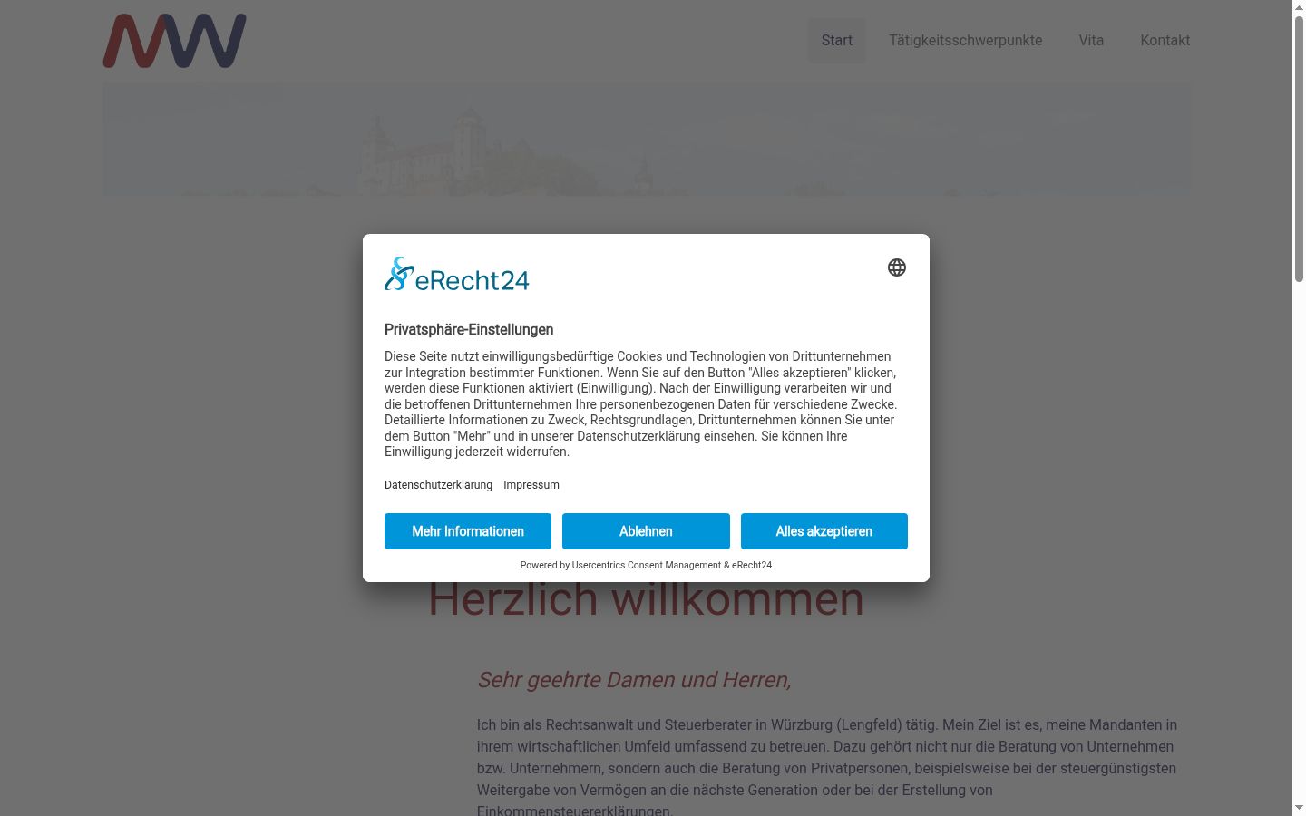 Screenshot des Einwilligungsbanners vor jeglicher Interaktion