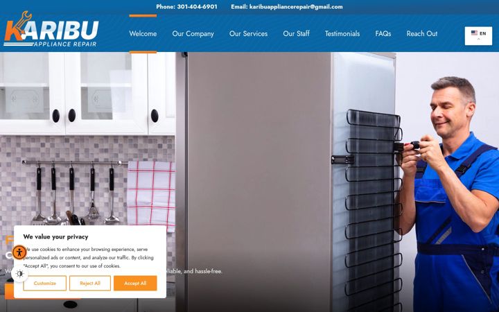 Screenshot of karibuappliancerepair.com