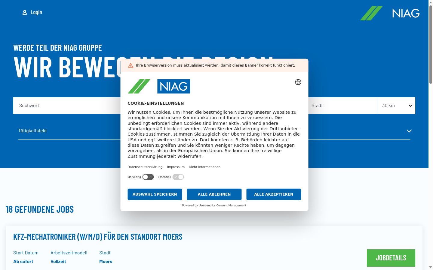 Screenshot des Einwilligungsbanners vor jeglicher Interaktion