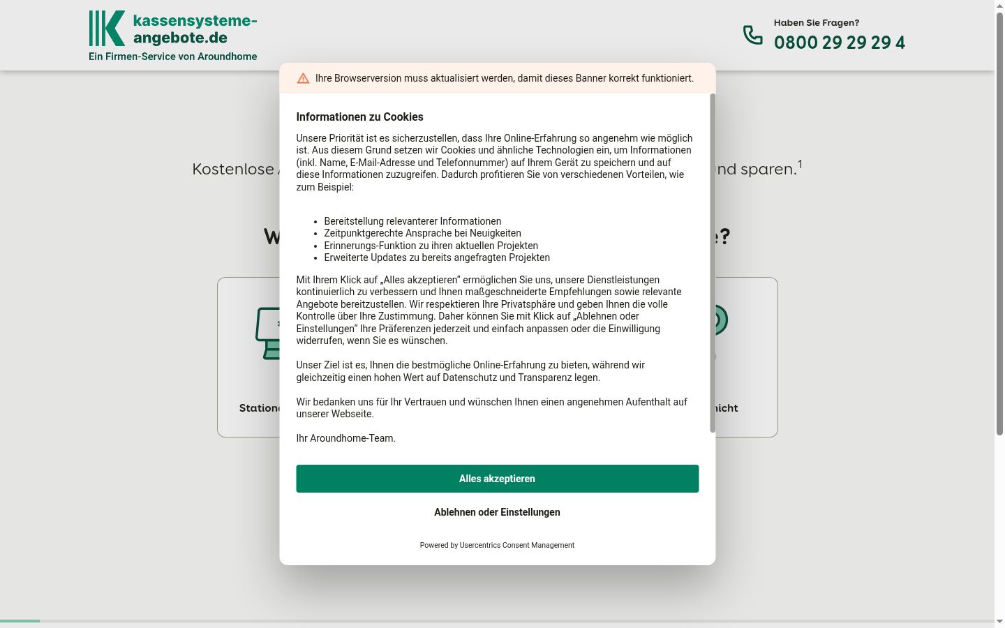 Screenshot del banner di consenso mostrato prima di qualsiasi interazione