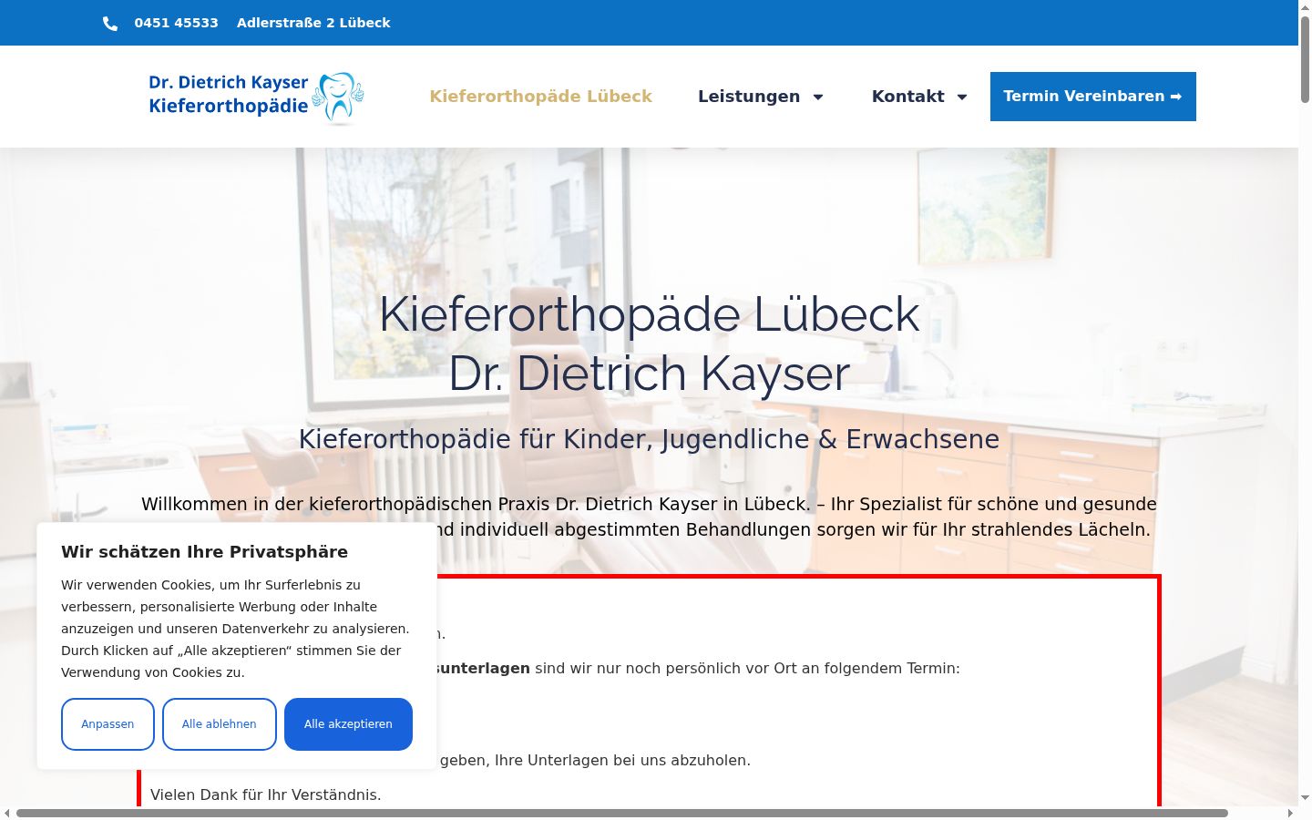 Screenshot des Einwilligungsbanners vor jeglicher Interaktion