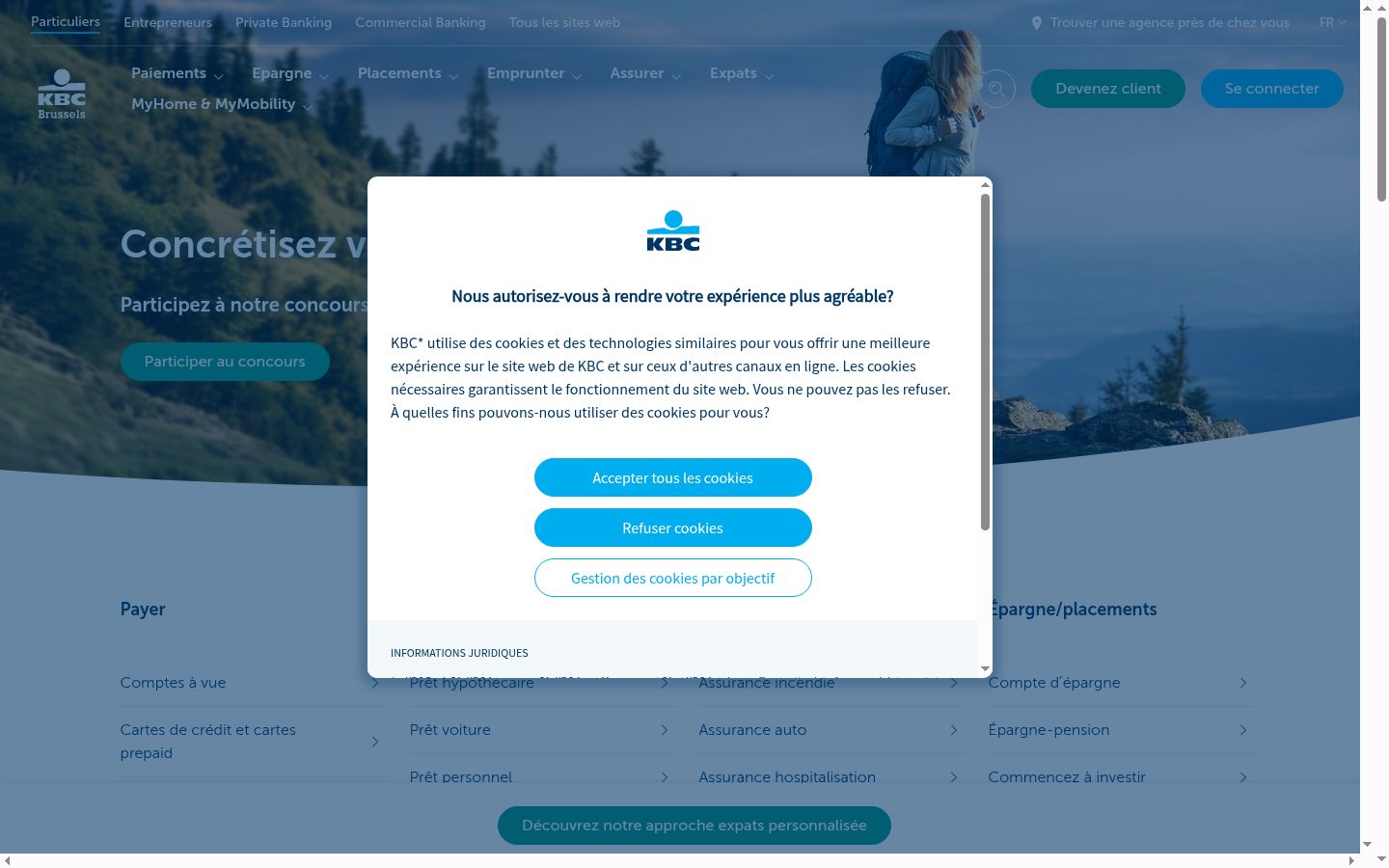 Capture d'écran de la bannière de consentement affichée avant toute interaction