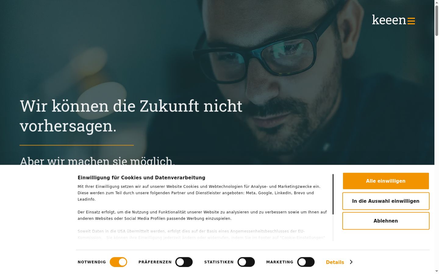 Screenshot des Einwilligungsbanners vor jeglicher Interaktion
