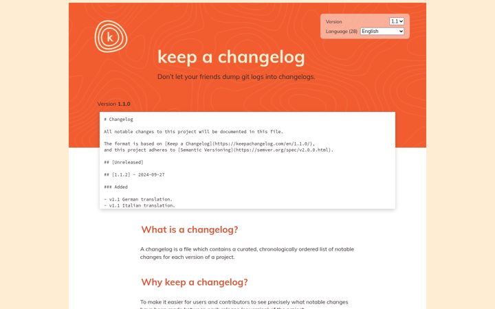 Screenshot of keepachangelog.com