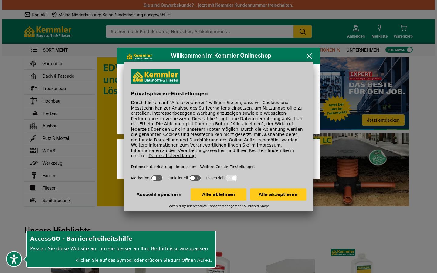 Screenshot des Einwilligungsbanners vor jeglicher Interaktion