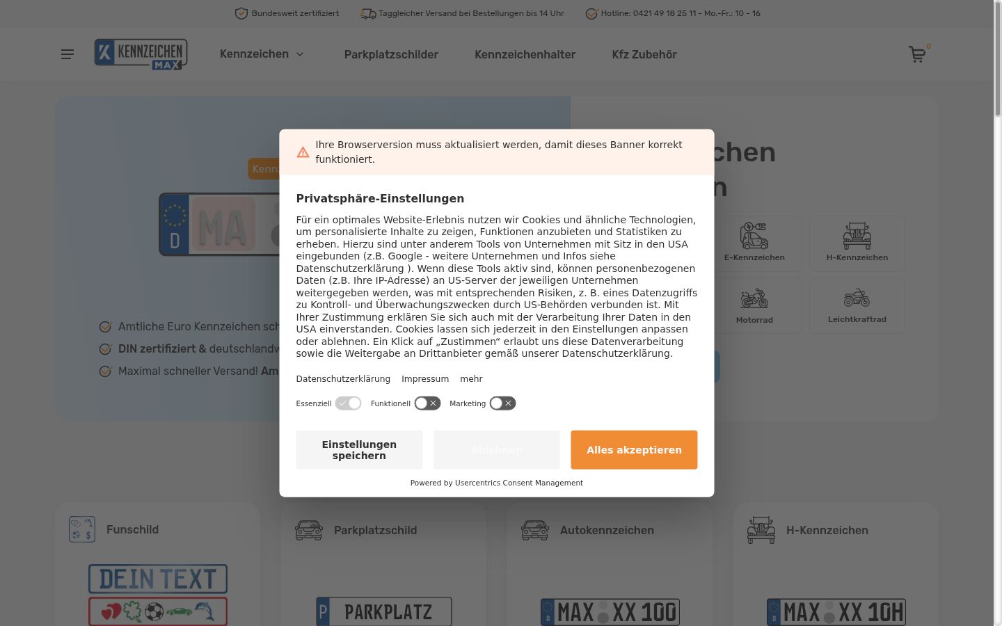 Screenshot des Einwilligungsbanners vor jeglicher Interaktion
