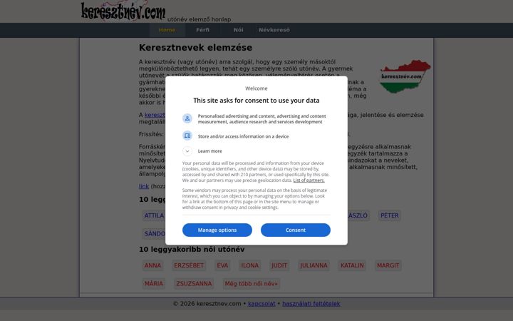Screenshot of keresztnev.com