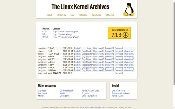 Captura de pantalla de kernel.org