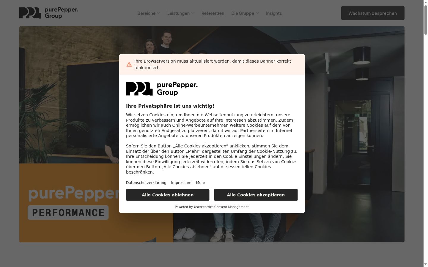 Captura de ecrã do banner de consentimento apresentado antes de qualquer interação