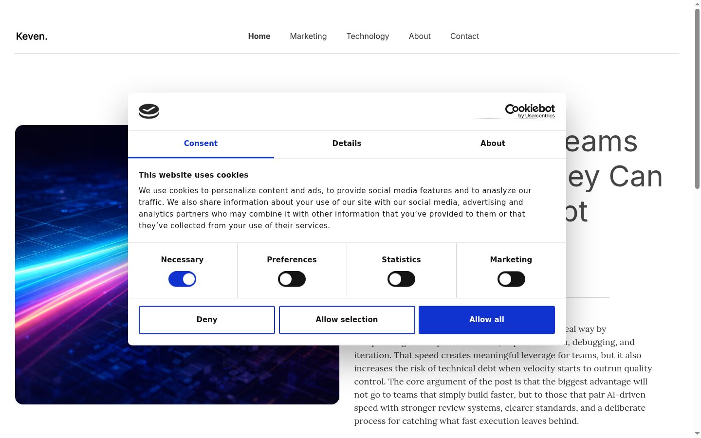 Screenshot del banner di consenso mostrato prima di qualsiasi interazione