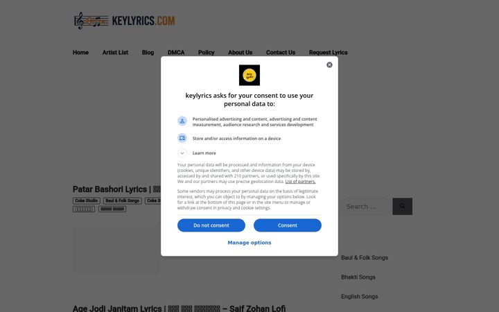 Screenshot of keylyrics.com
