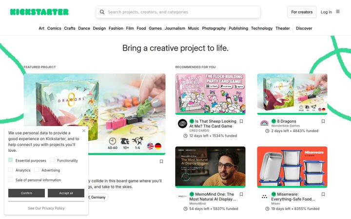 Skjermbilde av kickstarter.com