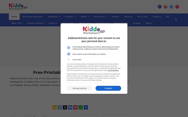 Screenshot of kiddoworksheets.com