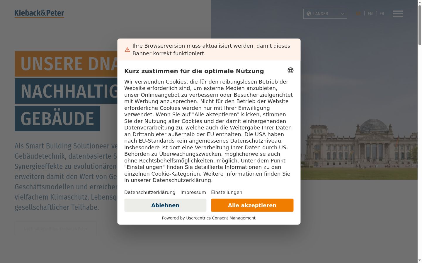 Captura de ecrã do banner de consentimento apresentado antes de qualquer interação
