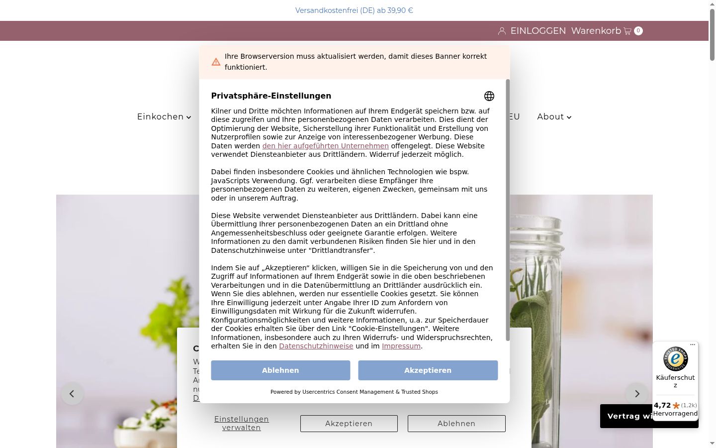 Screenshot des Einwilligungsbanners vor jeglicher Interaktion