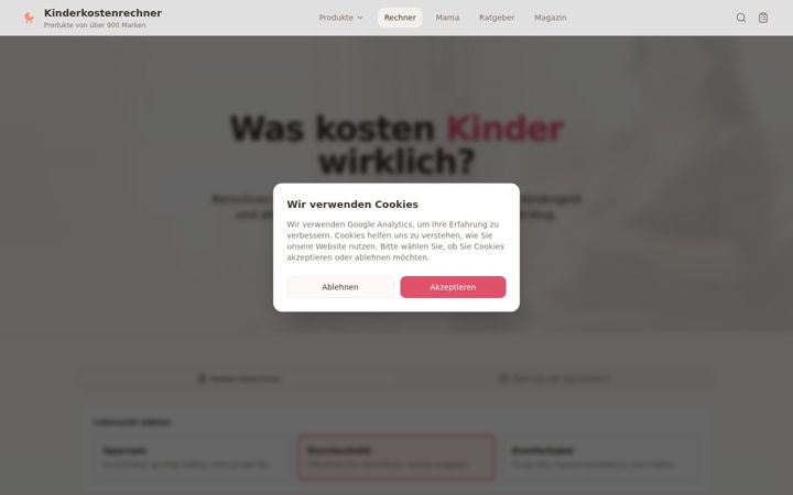 Screenshot van kinderkostenrechner.de