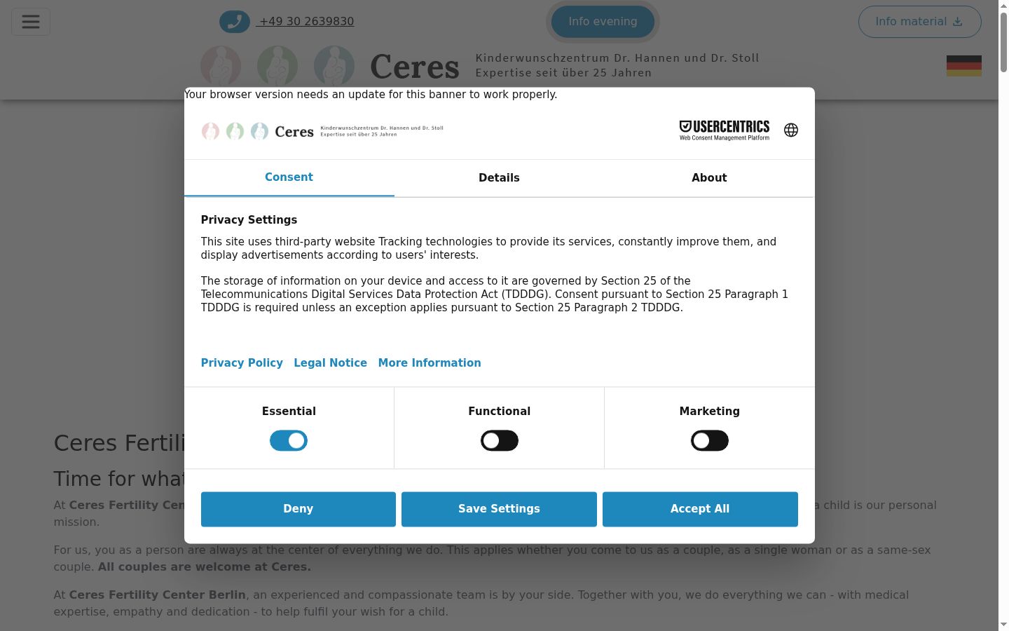 Screenshot del banner di consenso mostrato prima di qualsiasi interazione