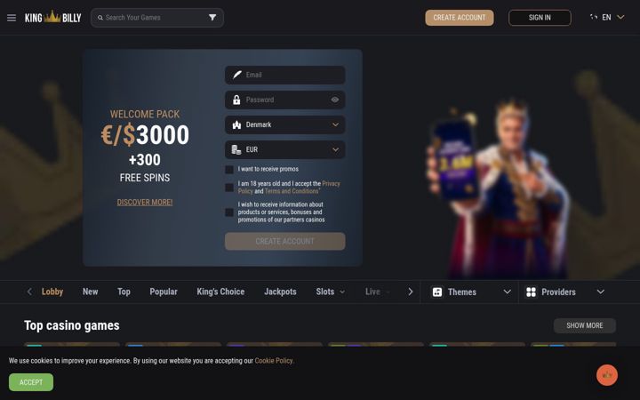 Screenshot of kingbillycasino.com