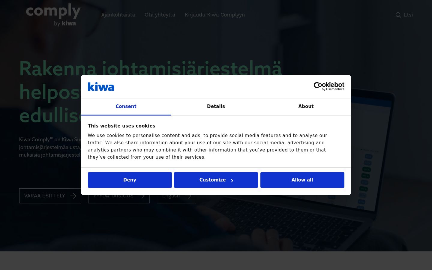 Screenshot del banner di consenso mostrato prima di qualsiasi interazione