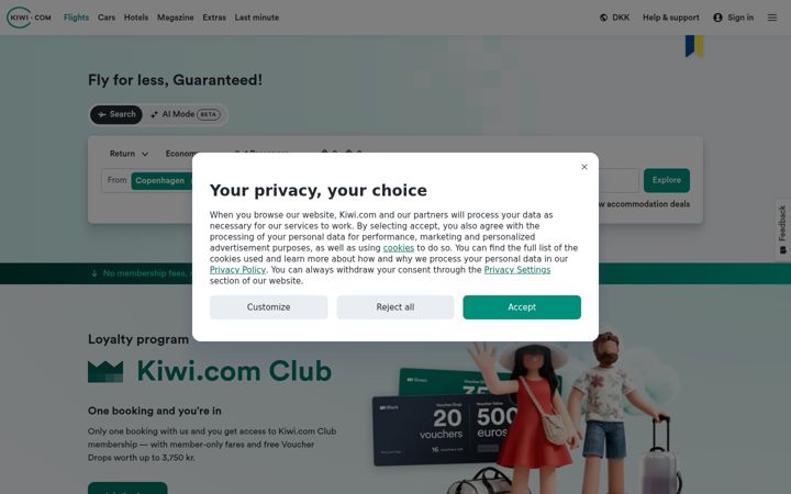 Screenshot di kiwi.com